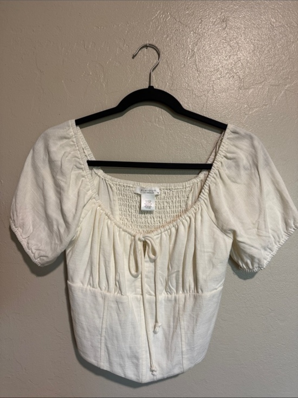 Kirious Smocked Square-Neck Peasant Blouse in Cream size small